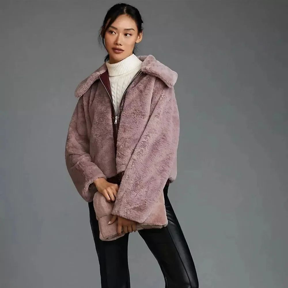NWT ANTHROPOLOGIE MAEVE Faux Fur Jacket Patent Trim Mauve Women’s Size Large